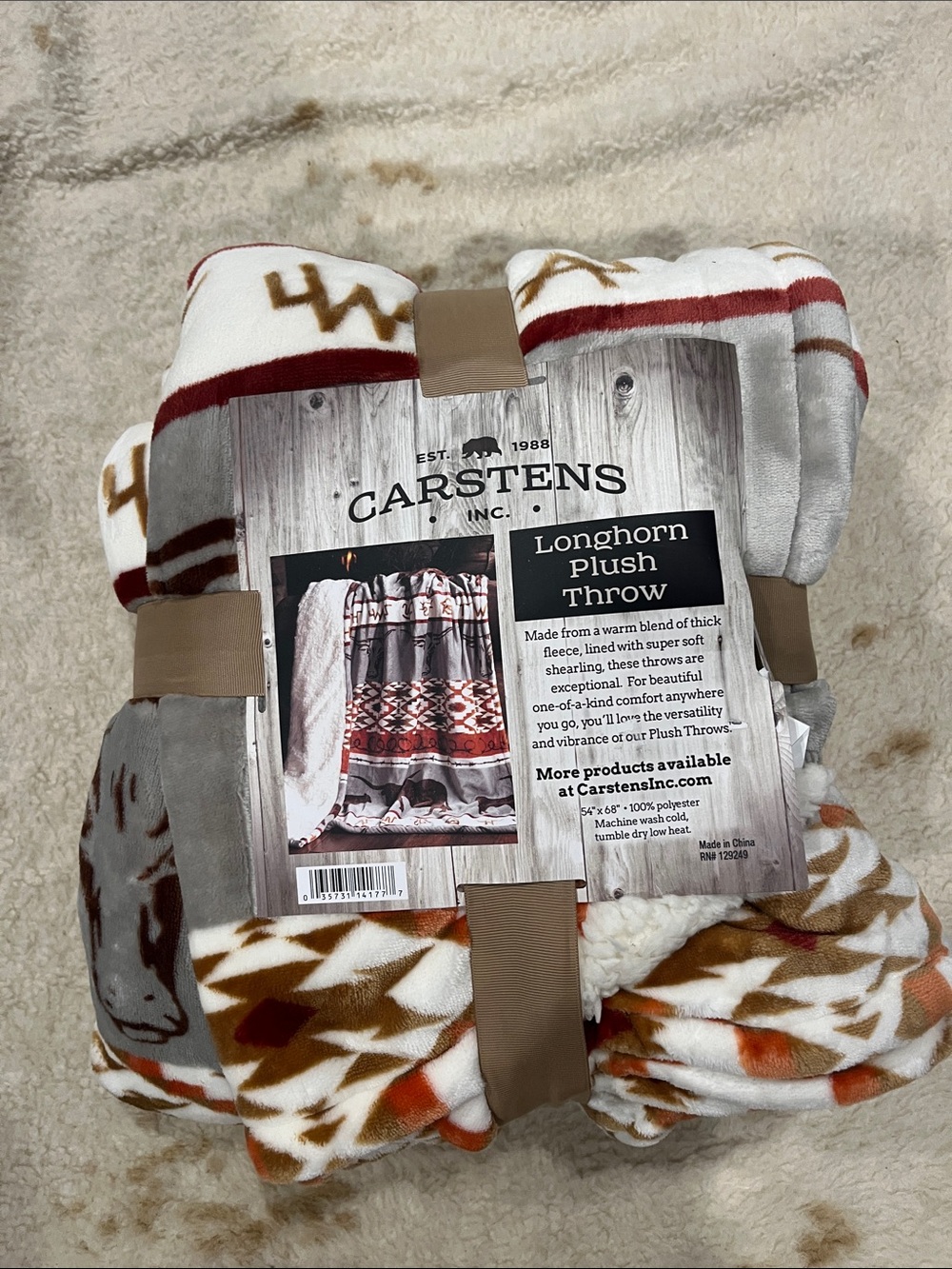 Carstens Longhorn Plush Throw Blanket - White, Gray & Brown